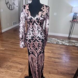 L'ATISTE Black gown rose gold sequins. Perfect holiday dress or special eventNWT